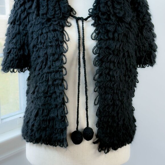 Black Shaggy Sweater Cardigan Ivy Jane Wool Blend Size XL Pom Pom Whimsigoth - Picture 2 of 10